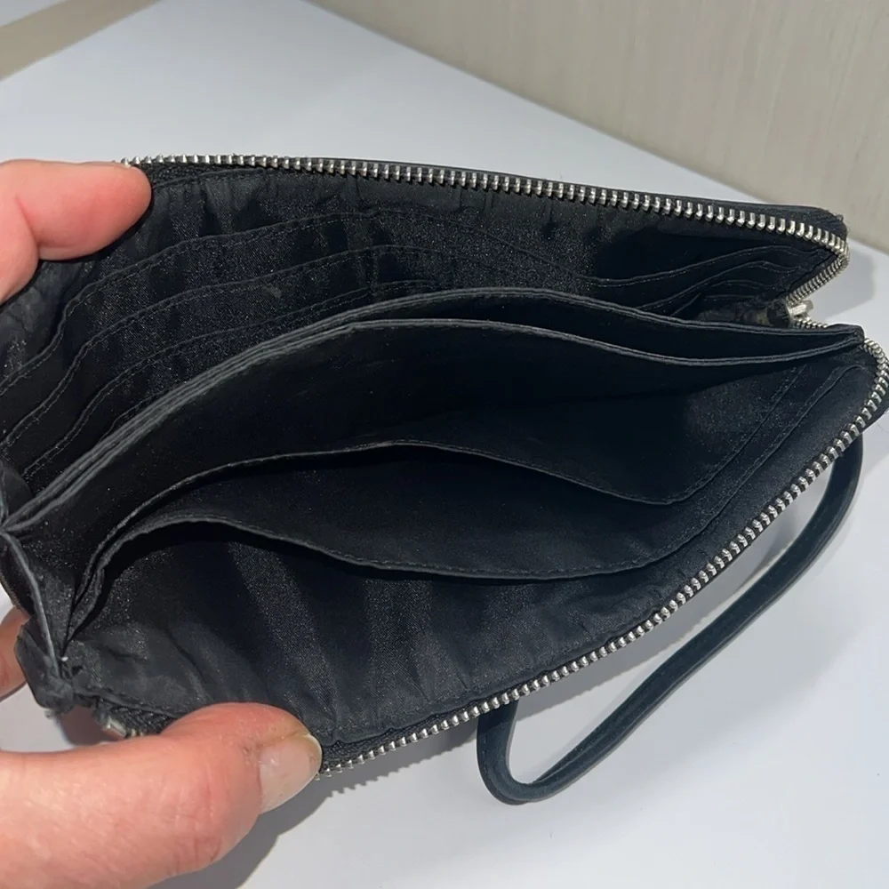 Coach Large Gray Black Pebbled Leather Wristlet Clutch Bag